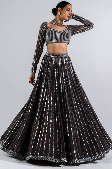 Charcoal Grey Linear Drop Lehenga Set