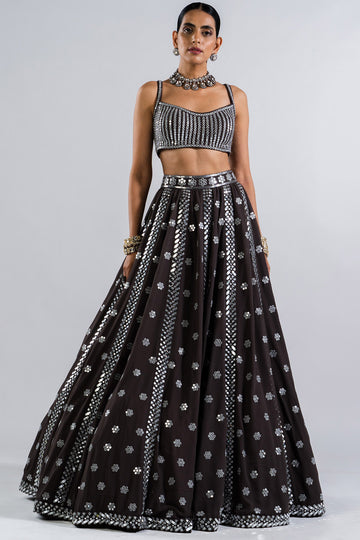 Charcoal Grey Flower Lehenga Set