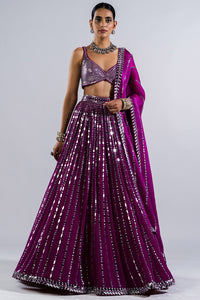 Pop Wine Linear Drop Lehenga with Metallic Blouse