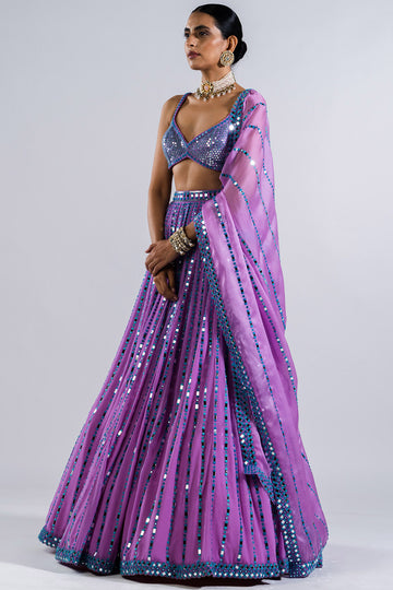 Mauve Linear Drop Lehenga With Metallic Blouse