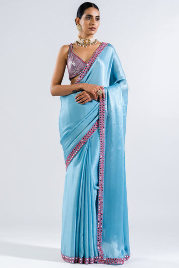 Ice Blue Satin Chiffon Saree Set