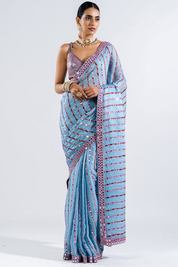 Ice Blue Heavy Mirror Work Saree