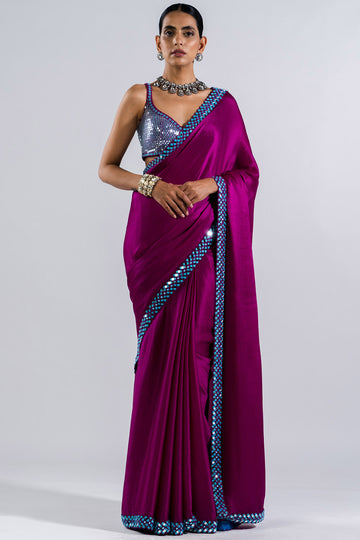 Pop Wine Satin Chiffon Saree Set