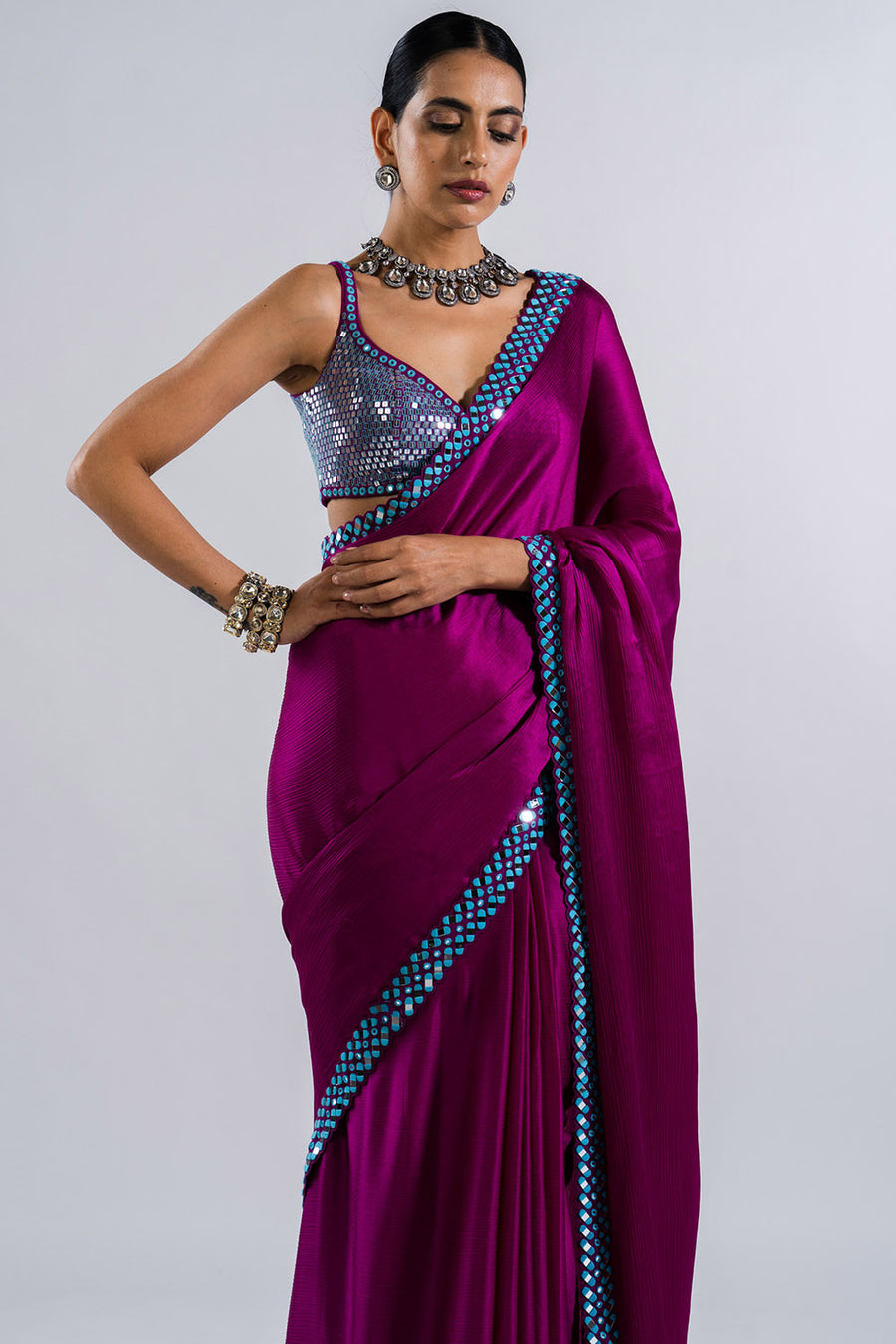 Pop Wine Satin Chiffon Saree Set