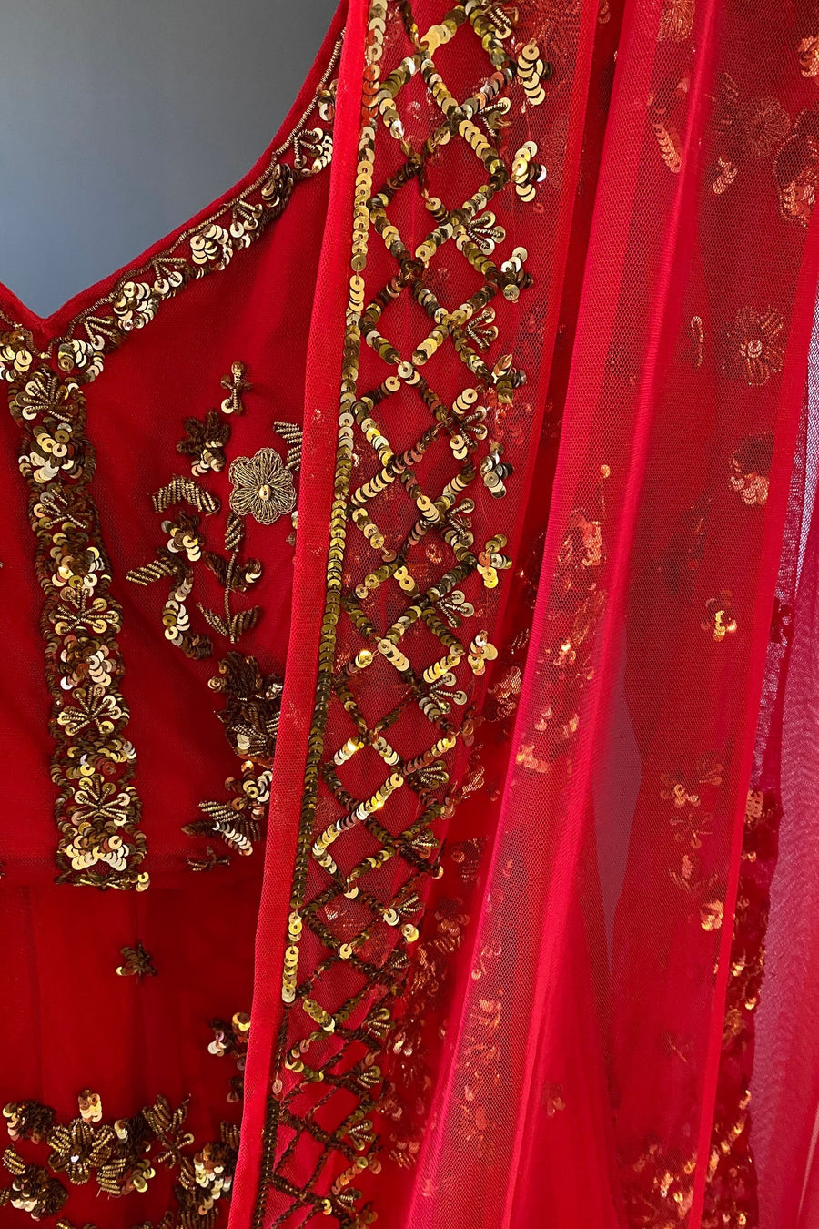 Pink-Red Embroidered Net Lehenga