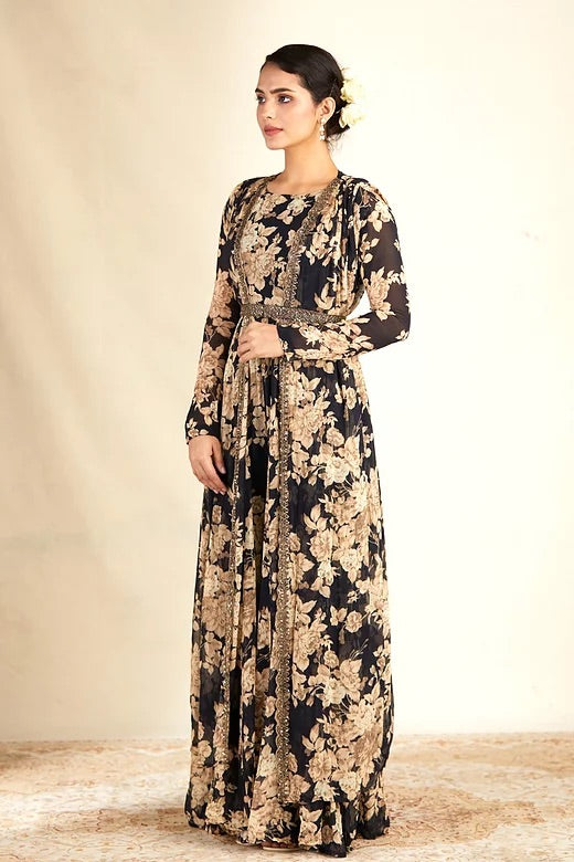 Black Floral Printed Jumpsuit with Cape and Belt