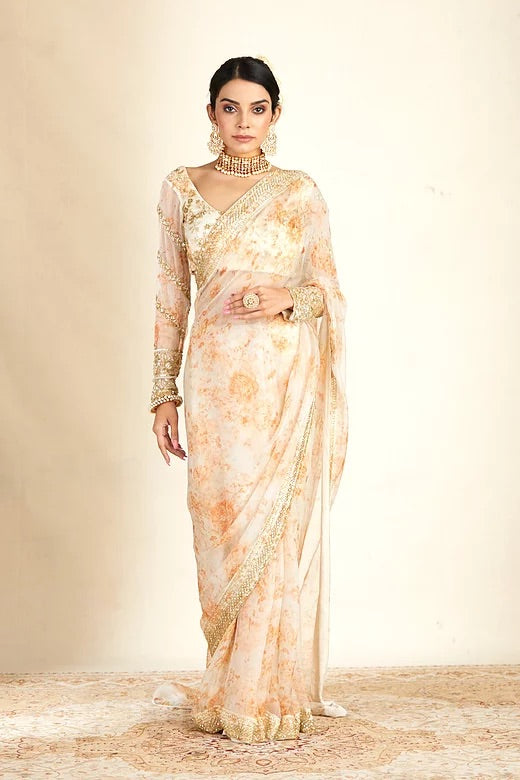 Off White Organza Saree With Organza Embellished Blouse
