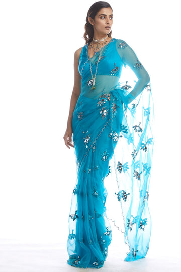 Turquoise Blue Mirror Cut Work Saree