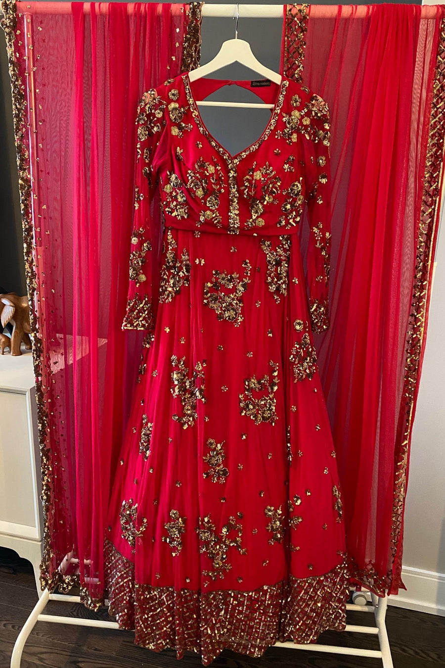 Pink-Red Embroidered Net Lehenga